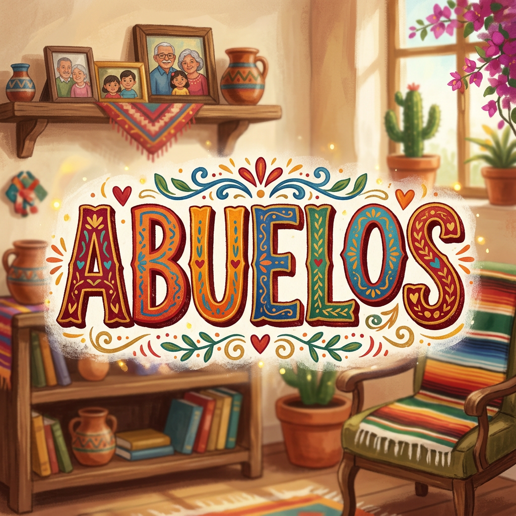 Colorful text 'Abuelos' surrounded by traditional decor and family photos in a warm room