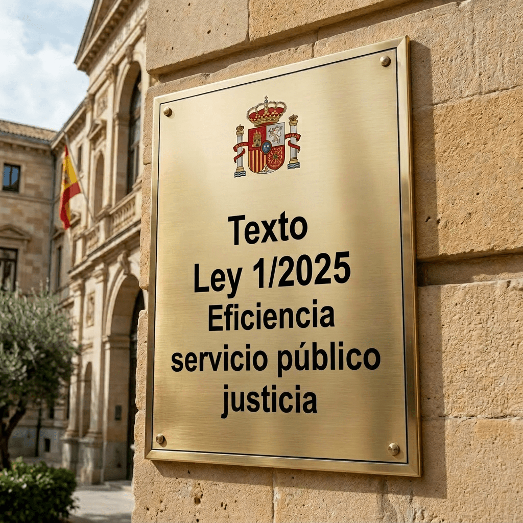 Plaque with Spanish coat of arms and text of Ley 1/2025 on social and territorial cohesion